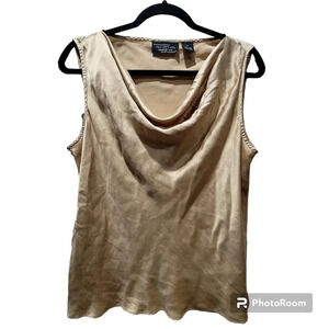 Gold 100% Silk Cowl Neck Gold Shimmer Sleevless Tank Top timeless elegant prep